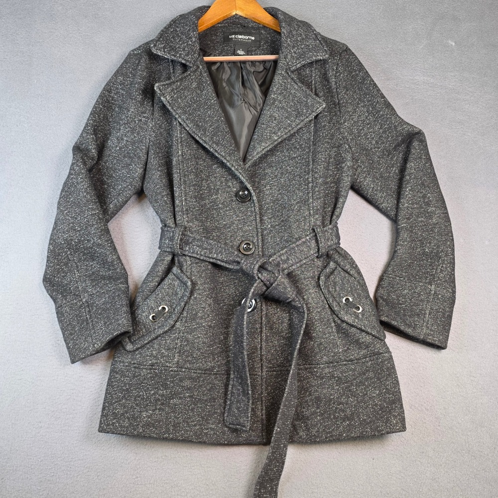 Liz Claiborne Peacoat Women Large Gray Belted Tweed Button Front Long Sleeve
